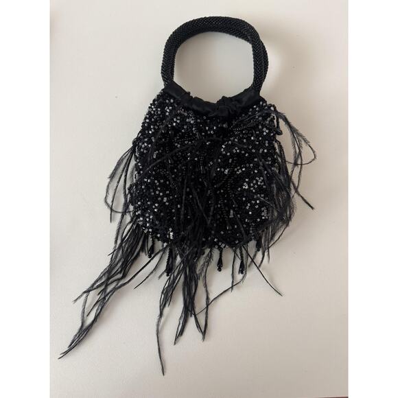 La Regale Beaded Evening Bag Womens One Size Black Feather Fringe Purse Party - Picture 2 of 11